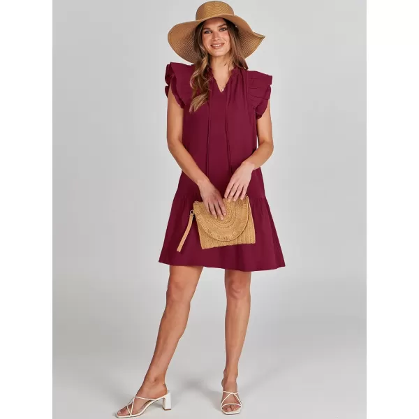 imageANRABESS Womens Summer VNeck Drawstring Ruffle Cap Short Sleeve Casual Shift Mini Dress with PocketsWine Red