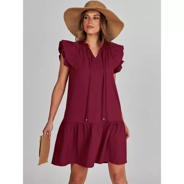 imageANRABESS Womens Summer VNeck Drawstring Ruffle Cap Short Sleeve Casual Shift Mini Dress with PocketsWine Red