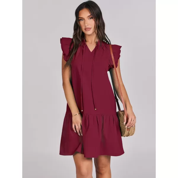 imageANRABESS Womens Summer VNeck Drawstring Ruffle Cap Short Sleeve Casual Shift Mini Dress with PocketsWine Red