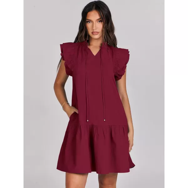 imageANRABESS Womens Summer VNeck Drawstring Ruffle Cap Short Sleeve Casual Shift Mini Dress with PocketsWine Red