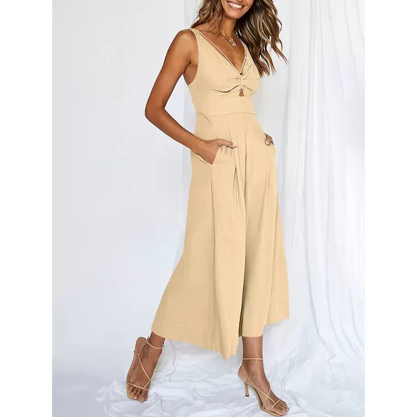imageANRABESS Womens Summer Wide leg Jumpsuits V Neck Smocked Cutout High Waist Thick adjustable straps RompersBeige