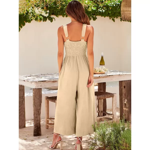imageANRABESS Womens Summer Wide leg Jumpsuits V Neck Smocked Cutout High Waist Thick adjustable straps RompersBeige