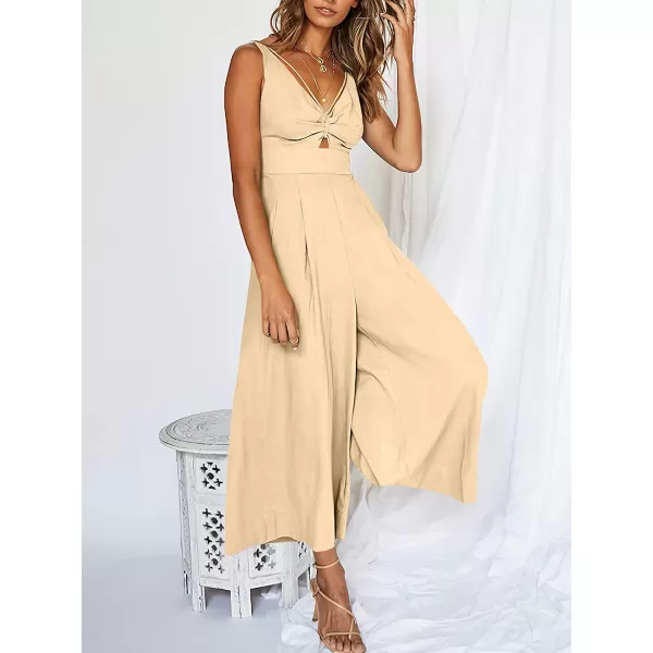 imageANRABESS Womens Summer Wide leg Jumpsuits V Neck Smocked Cutout High Waist Thick adjustable straps RompersBeige