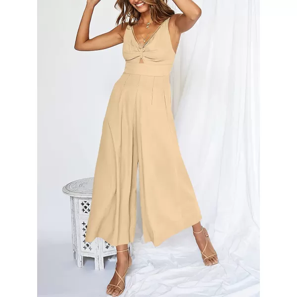 imageANRABESS Womens Summer Wide leg Jumpsuits V Neck Smocked Cutout High Waist Thick adjustable straps RompersBeige