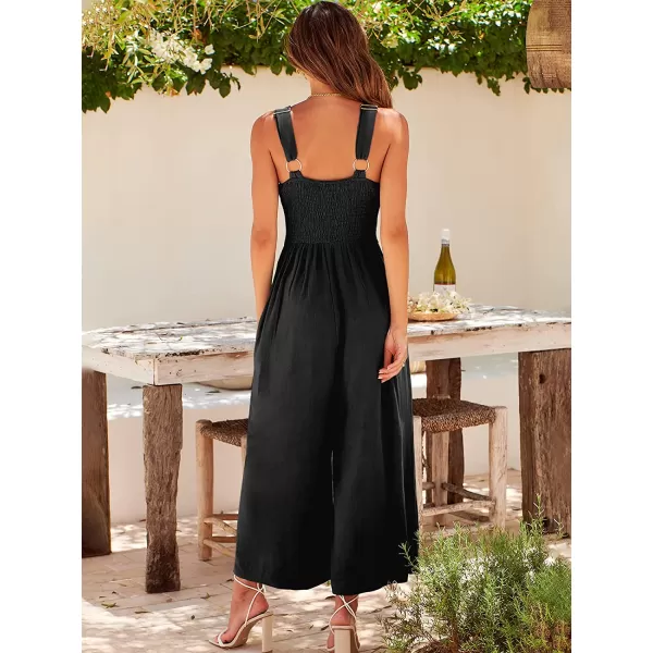 imageANRABESS Womens Summer Wide leg Jumpsuits V Neck Smocked Cutout High Waist Thick adjustable straps RompersBlack
