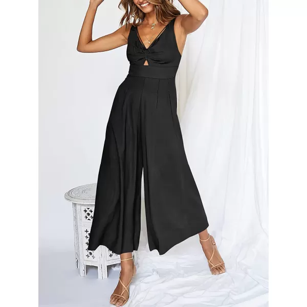 imageANRABESS Womens Summer Wide leg Jumpsuits V Neck Smocked Cutout High Waist Thick adjustable straps RompersBlack