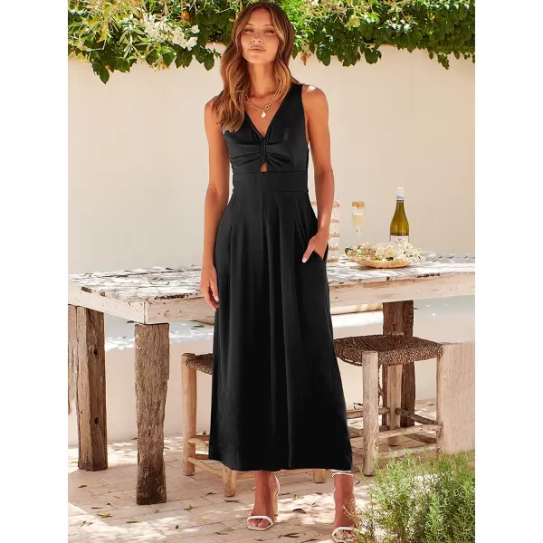 imageANRABESS Womens Summer Wide leg Jumpsuits V Neck Smocked Cutout High Waist Thick adjustable straps RompersBlack