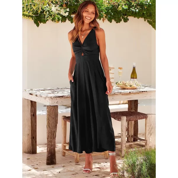 imageANRABESS Womens Summer Wide leg Jumpsuits V Neck Smocked Cutout High Waist Thick adjustable straps RompersBlack
