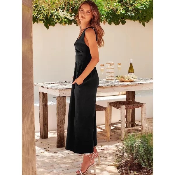 imageANRABESS Womens Summer Wide leg Jumpsuits V Neck Smocked Cutout High Waist Thick adjustable straps RompersBlack