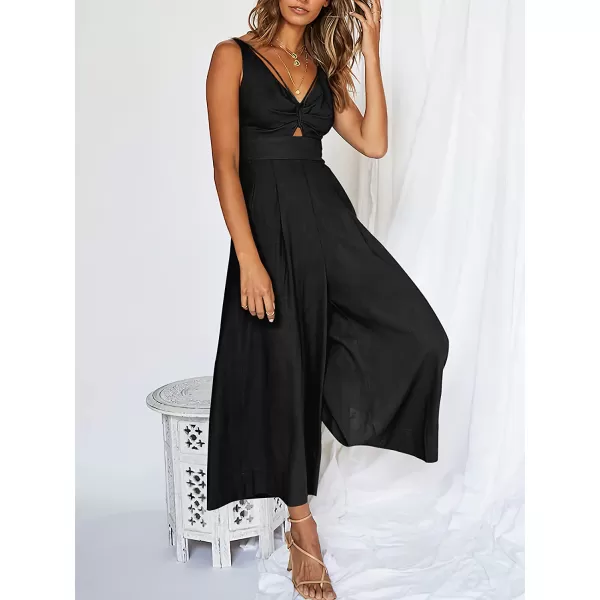 imageANRABESS Womens Summer Wide leg Jumpsuits V Neck Smocked Cutout High Waist Thick adjustable straps RompersBlack