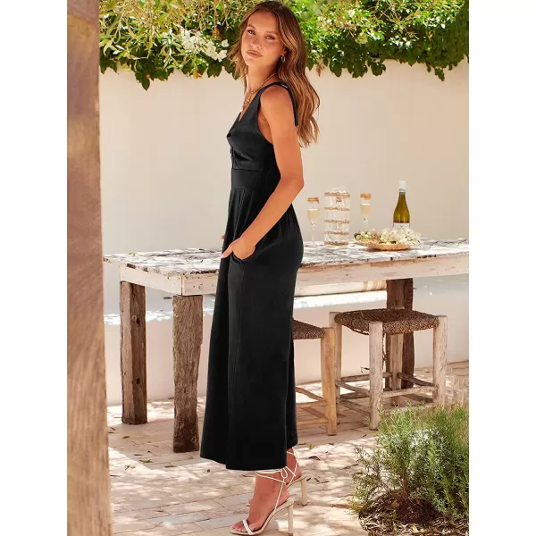 imageANRABESS Womens Summer Wide leg Jumpsuits V Neck Smocked Cutout High Waist Thick adjustable straps RompersBlack