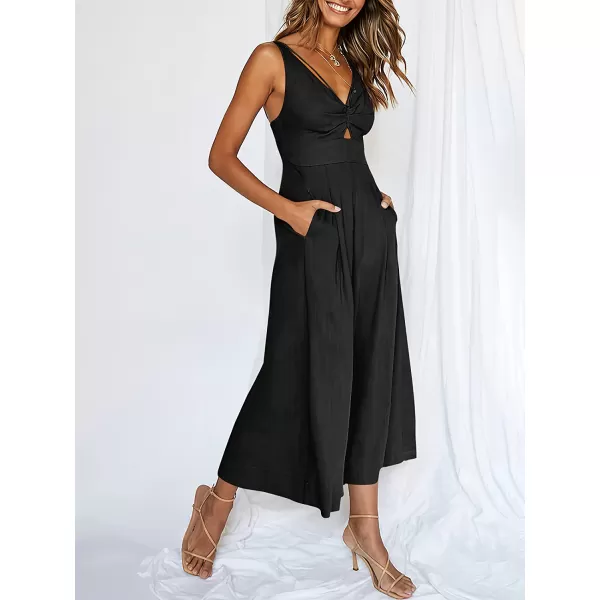 imageANRABESS Womens Summer Wide leg Jumpsuits V Neck Smocked Cutout High Waist Thick adjustable straps RompersBlack