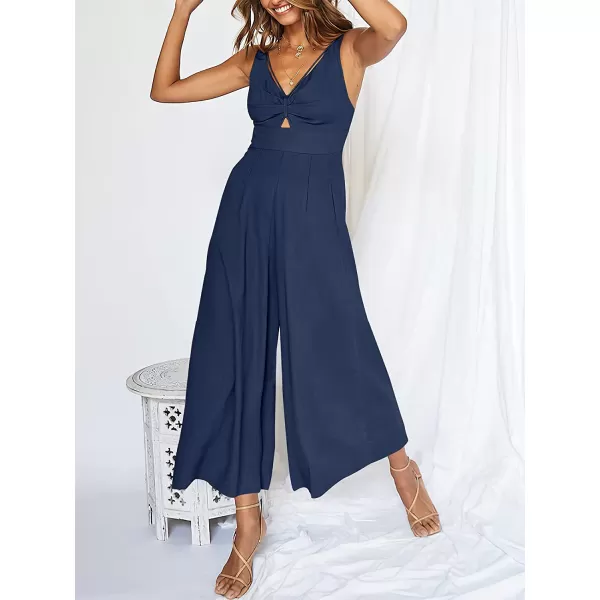 imageANRABESS Womens Summer Wide leg Jumpsuits V Neck Smocked Cutout High Waist Thick adjustable straps RompersBlue
