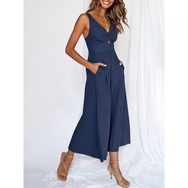 imageANRABESS Womens Summer Wide leg Jumpsuits V Neck Smocked Cutout High Waist Thick adjustable straps RompersBlue