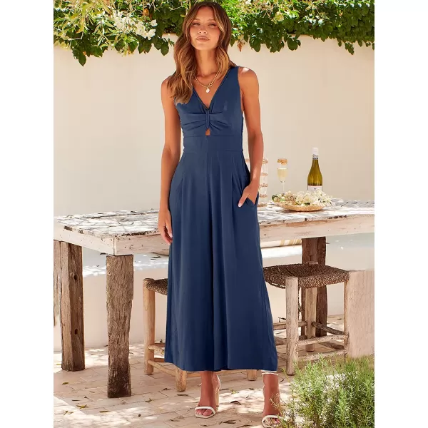 imageANRABESS Womens Summer Wide leg Jumpsuits V Neck Smocked Cutout High Waist Thick adjustable straps RompersBlue