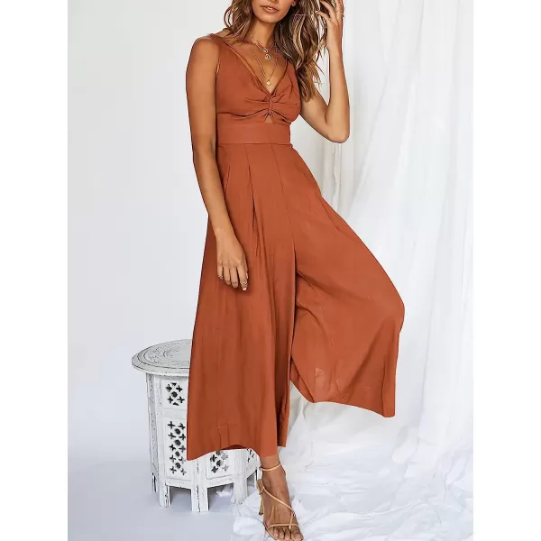 imageANRABESS Womens Summer Wide leg Jumpsuits V Neck Smocked Cutout High Waist Thick adjustable straps RompersBrick Red