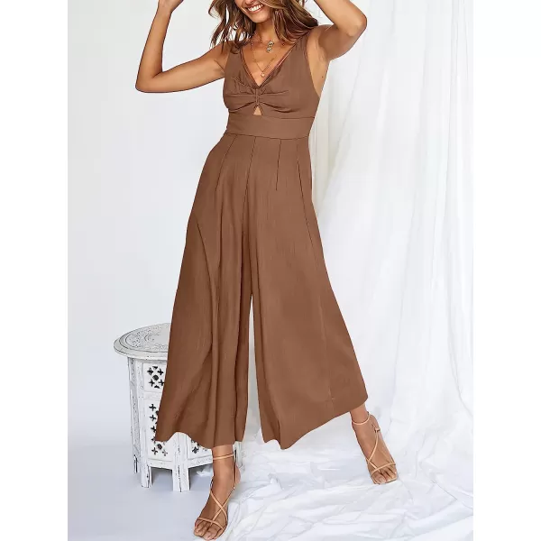 imageANRABESS Womens Summer Wide leg Jumpsuits V Neck Smocked Cutout High Waist Thick adjustable straps RompersBrown