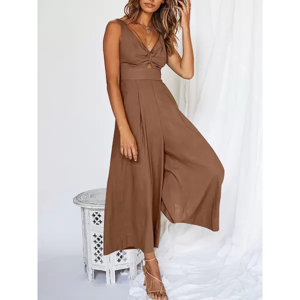 imageANRABESS Womens Summer Wide leg Jumpsuits V Neck Smocked Cutout High Waist Thick adjustable straps RompersBrown