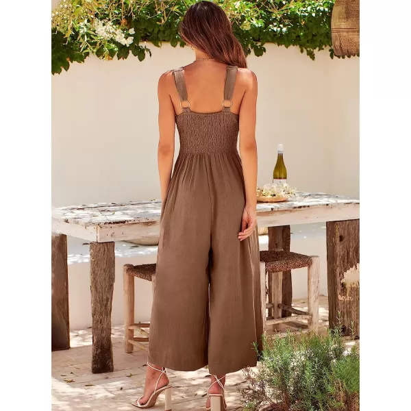 imageANRABESS Womens Summer Wide leg Jumpsuits V Neck Smocked Cutout High Waist Thick adjustable straps RompersBrown