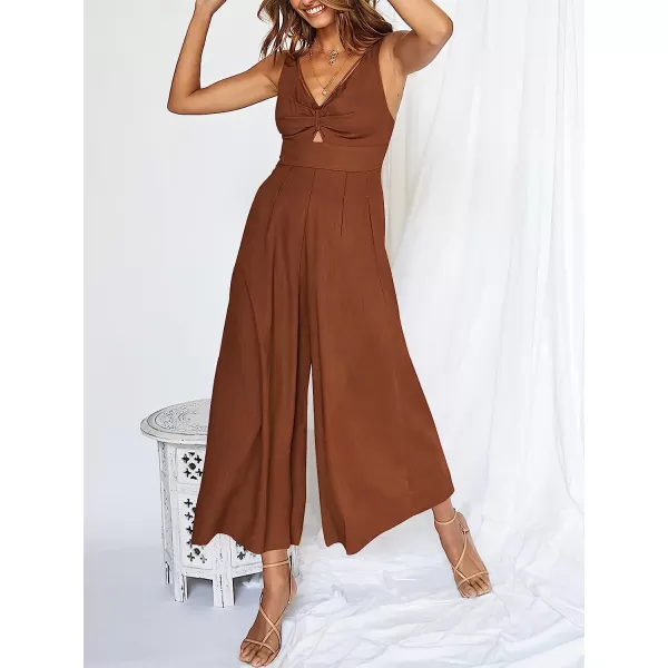 imageANRABESS Womens Summer Wide leg Jumpsuits V Neck Smocked Cutout High Waist Thick adjustable straps RompersCaramel