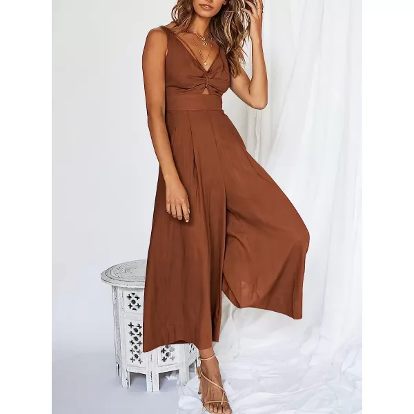 imageANRABESS Womens Summer Wide leg Jumpsuits V Neck Smocked Cutout High Waist Thick adjustable straps RompersCaramel