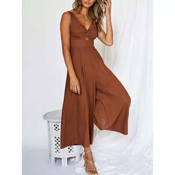 imageANRABESS Womens Summer Wide leg Jumpsuits V Neck Smocked Cutout High Waist Thick adjustable straps RompersCaramel
