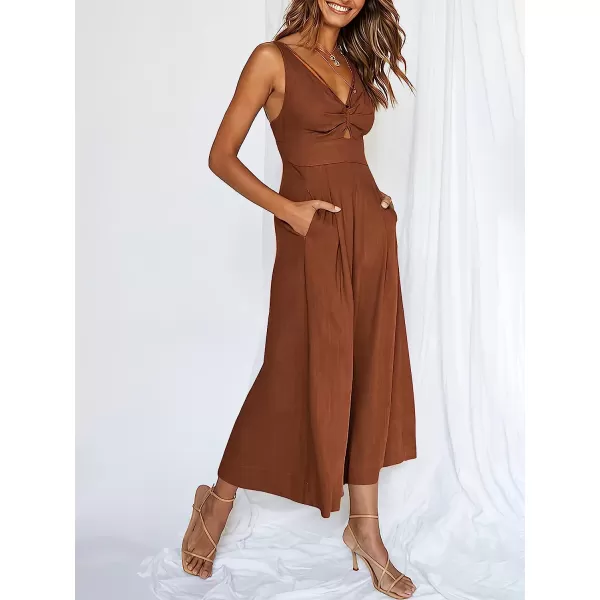 imageANRABESS Womens Summer Wide leg Jumpsuits V Neck Smocked Cutout High Waist Thick adjustable straps RompersCaramel