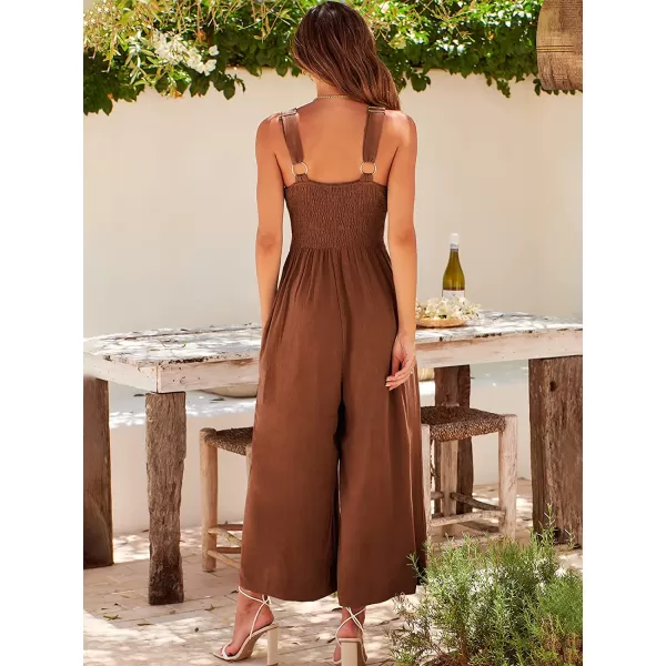 imageANRABESS Womens Summer Wide leg Jumpsuits V Neck Smocked Cutout High Waist Thick adjustable straps RompersCaramel