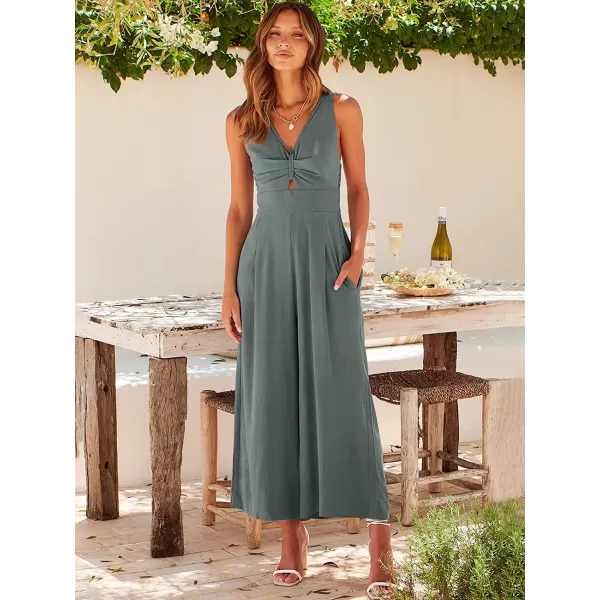 imageANRABESS Womens Summer Wide leg Jumpsuits V Neck Smocked Cutout High Waist Thick adjustable straps RompersDark Grey