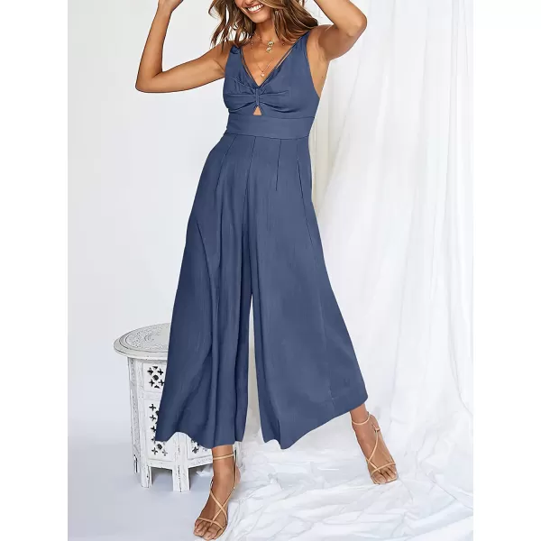 imageANRABESS Womens Summer Wide leg Jumpsuits V Neck Smocked Cutout High Waist Thick adjustable straps RompersDeep Blue