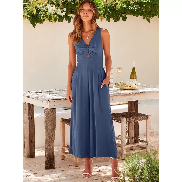 imageANRABESS Womens Summer Wide leg Jumpsuits V Neck Smocked Cutout High Waist Thick adjustable straps RompersDeep Blue