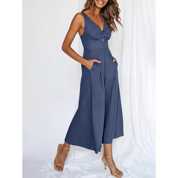 imageANRABESS Womens Summer Wide leg Jumpsuits V Neck Smocked Cutout High Waist Thick adjustable straps RompersDeep Blue