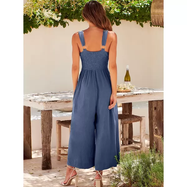 imageANRABESS Womens Summer Wide leg Jumpsuits V Neck Smocked Cutout High Waist Thick adjustable straps RompersDeep Blue