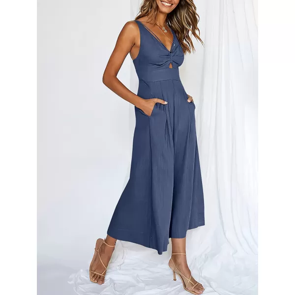 imageANRABESS Womens Summer Wide leg Jumpsuits V Neck Smocked Cutout High Waist Thick adjustable straps RompersDeep Blue