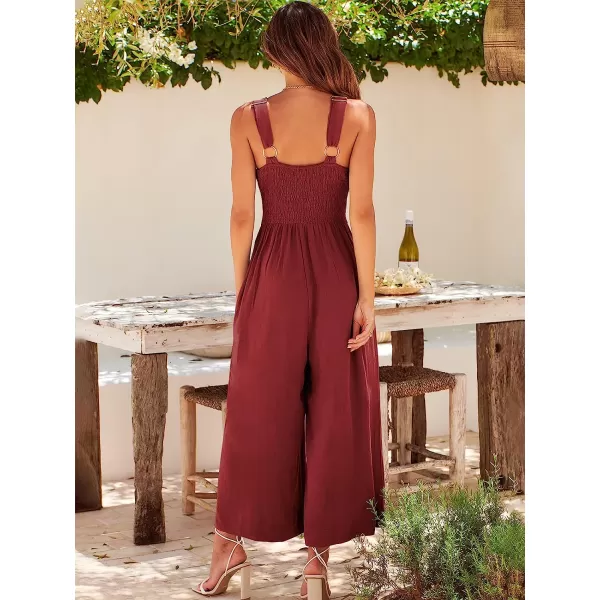 imageANRABESS Womens Summer Wide leg Jumpsuits V Neck Smocked Cutout High Waist Thick adjustable straps RompersDeep Red