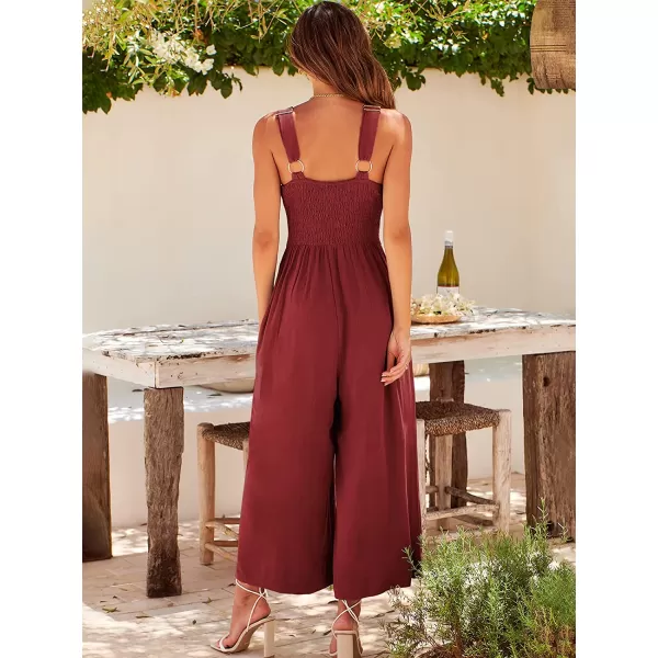 imageANRABESS Womens Summer Wide leg Jumpsuits V Neck Smocked Cutout High Waist Thick adjustable straps RompersDeep Red