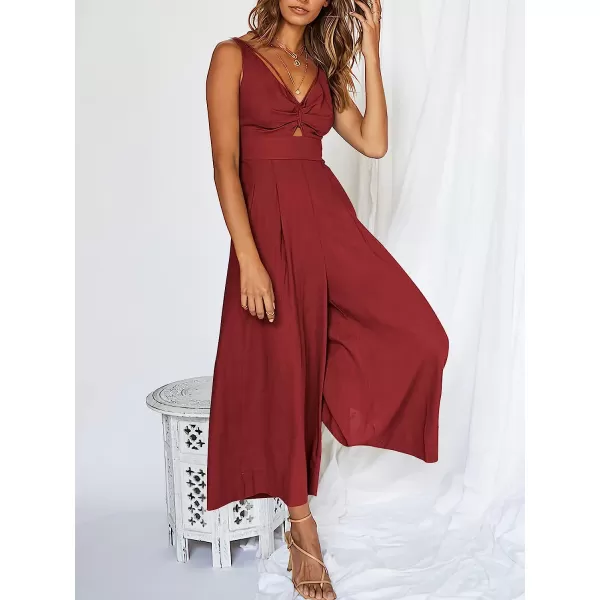 imageANRABESS Womens Summer Wide leg Jumpsuits V Neck Smocked Cutout High Waist Thick adjustable straps RompersDeep Red