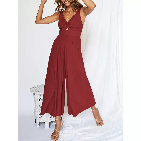 imageANRABESS Womens Summer Wide leg Jumpsuits V Neck Smocked Cutout High Waist Thick adjustable straps RompersDeep Red