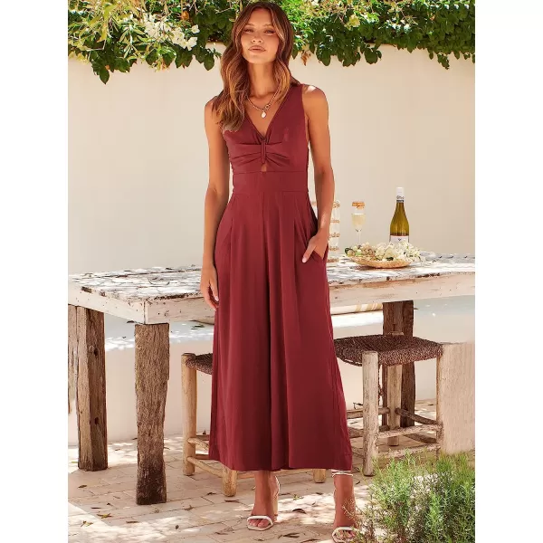 imageANRABESS Womens Summer Wide leg Jumpsuits V Neck Smocked Cutout High Waist Thick adjustable straps RompersDeep Red