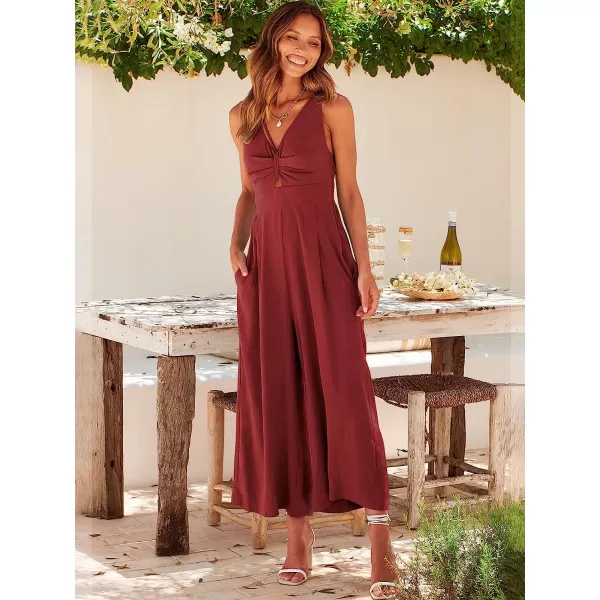 imageANRABESS Womens Summer Wide leg Jumpsuits V Neck Smocked Cutout High Waist Thick adjustable straps RompersDeep Red