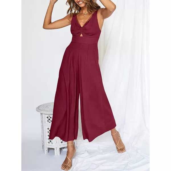 imageANRABESS Womens Summer Wide leg Jumpsuits V Neck Smocked Cutout High Waist Thick adjustable straps RompersFuchsia