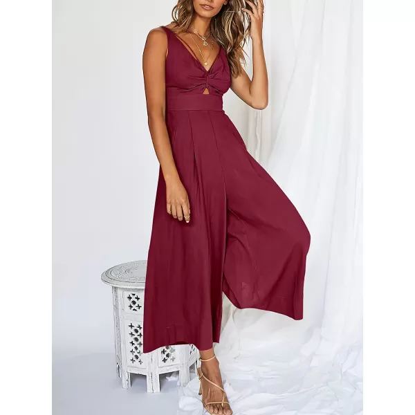 imageANRABESS Womens Summer Wide leg Jumpsuits V Neck Smocked Cutout High Waist Thick adjustable straps RompersFuchsia