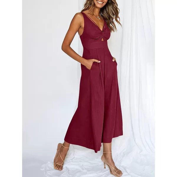 imageANRABESS Womens Summer Wide leg Jumpsuits V Neck Smocked Cutout High Waist Thick adjustable straps RompersFuchsia
