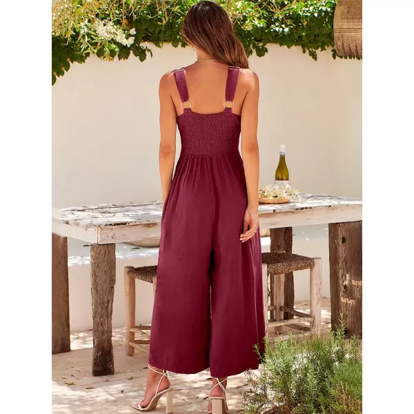 imageANRABESS Womens Summer Wide leg Jumpsuits V Neck Smocked Cutout High Waist Thick adjustable straps RompersFuchsia