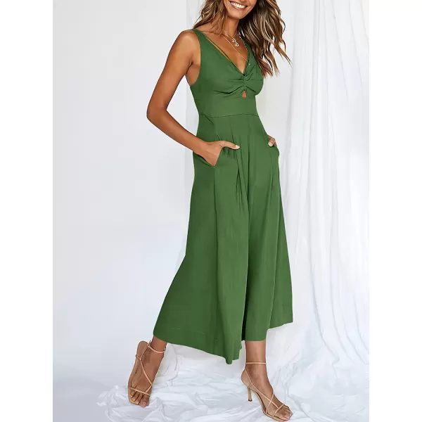 imageANRABESS Womens Summer Wide leg Jumpsuits V Neck Smocked Cutout High Waist Thick adjustable straps RompersGreen