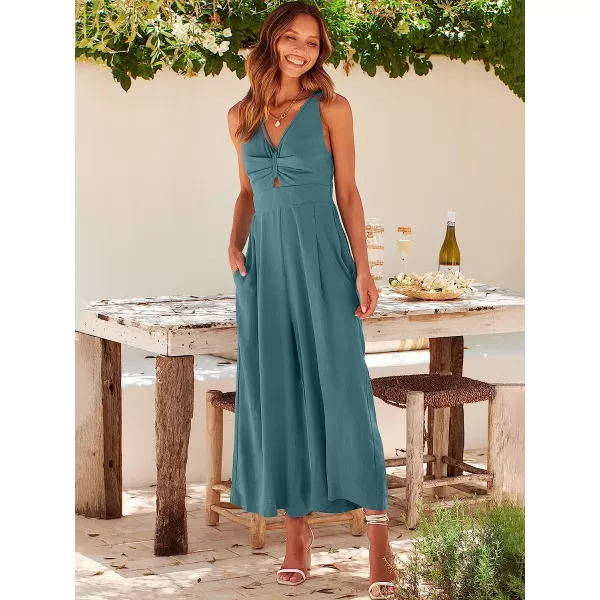 imageANRABESS Womens Summer Wide leg Jumpsuits V Neck Smocked Cutout High Waist Thick adjustable straps RompersLake Blue