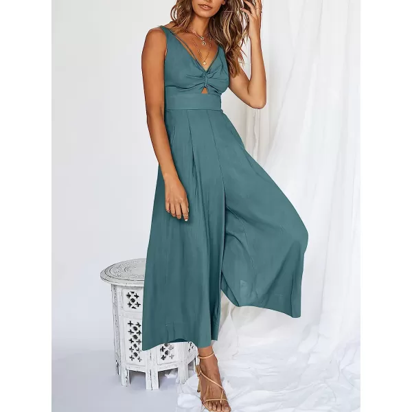 imageANRABESS Womens Summer Wide leg Jumpsuits V Neck Smocked Cutout High Waist Thick adjustable straps RompersLake Blue