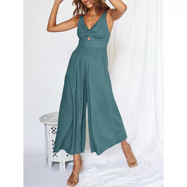 imageANRABESS Womens Summer Wide leg Jumpsuits V Neck Smocked Cutout High Waist Thick adjustable straps RompersLake Blue