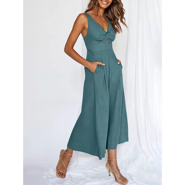 imageANRABESS Womens Summer Wide leg Jumpsuits V Neck Smocked Cutout High Waist Thick adjustable straps RompersLake Blue