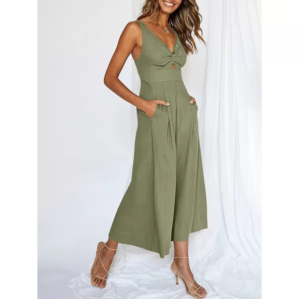 imageANRABESS Womens Summer Wide leg Jumpsuits V Neck Smocked Cutout High Waist Thick adjustable straps RompersOlive